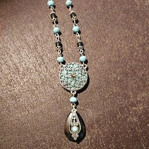 Vintage Avon Turquoise & Black Filigree Pendant Necklace - Unbranded
